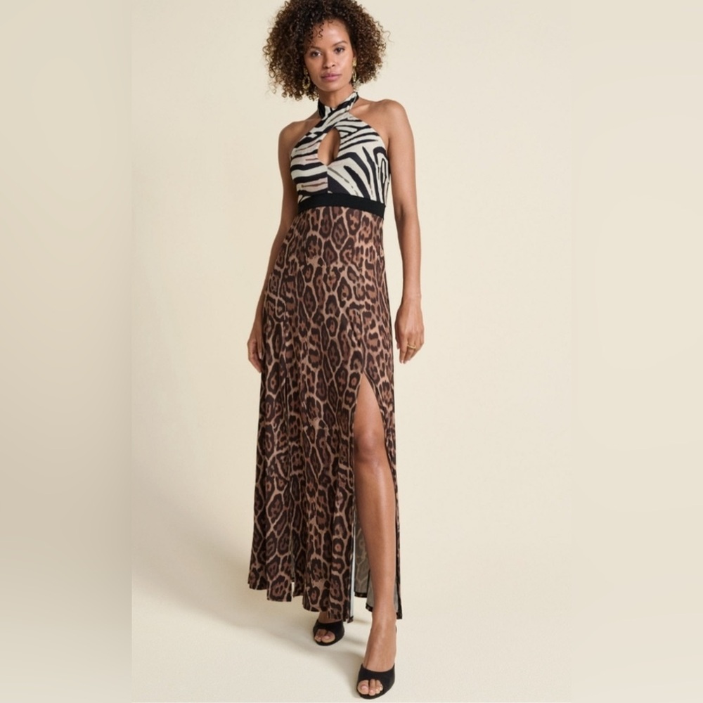 NEW! Venus Cross Neck Halter Animal Print Zebra Cheetah Maxi Dress Cruise Resort